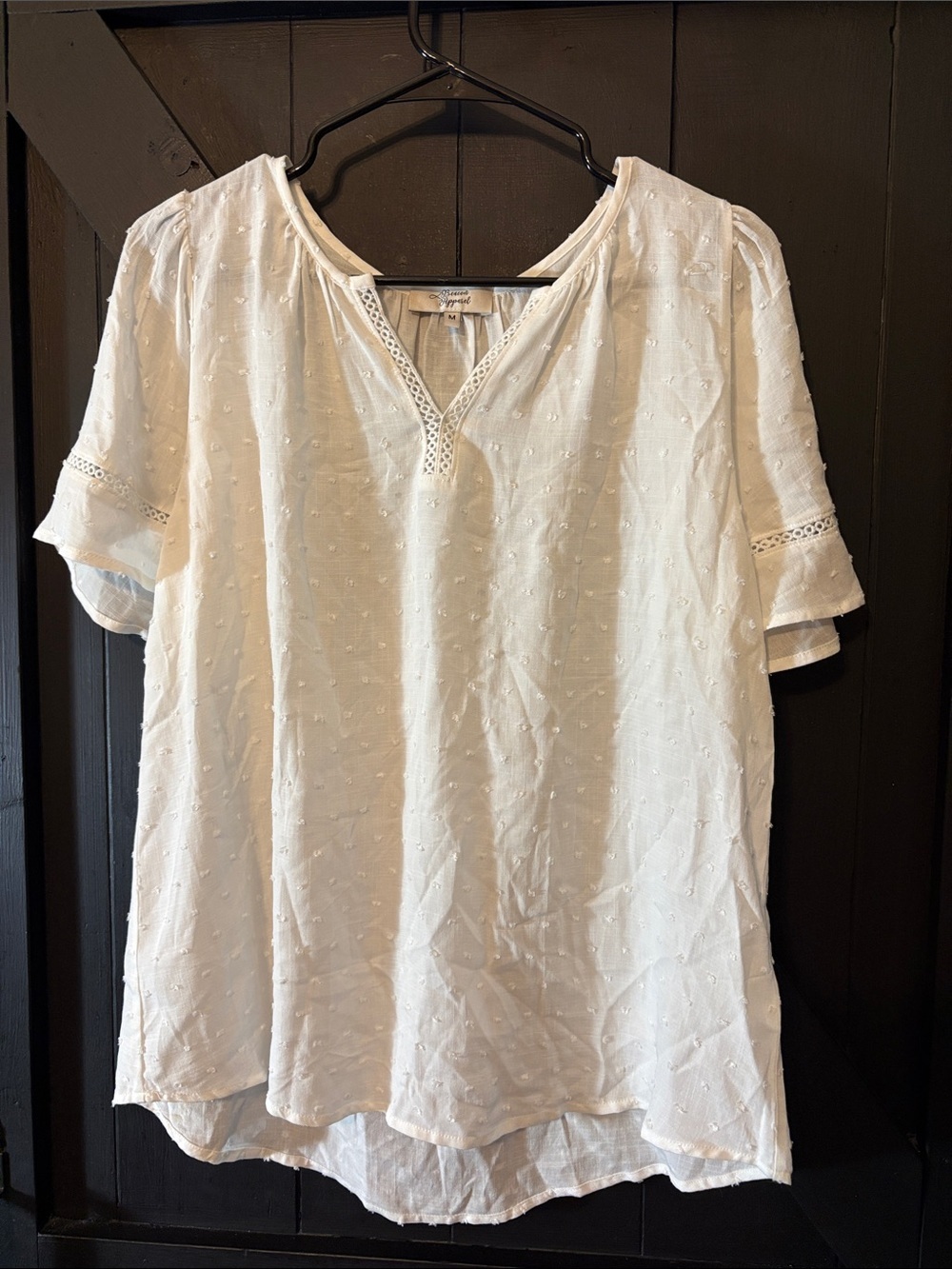 Beacon White Swiss Dot Lace-Trim Peasant Top